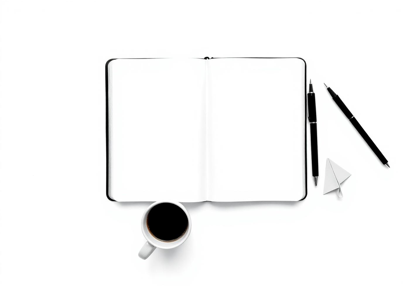 An open notebook with a pen and a coffee cup